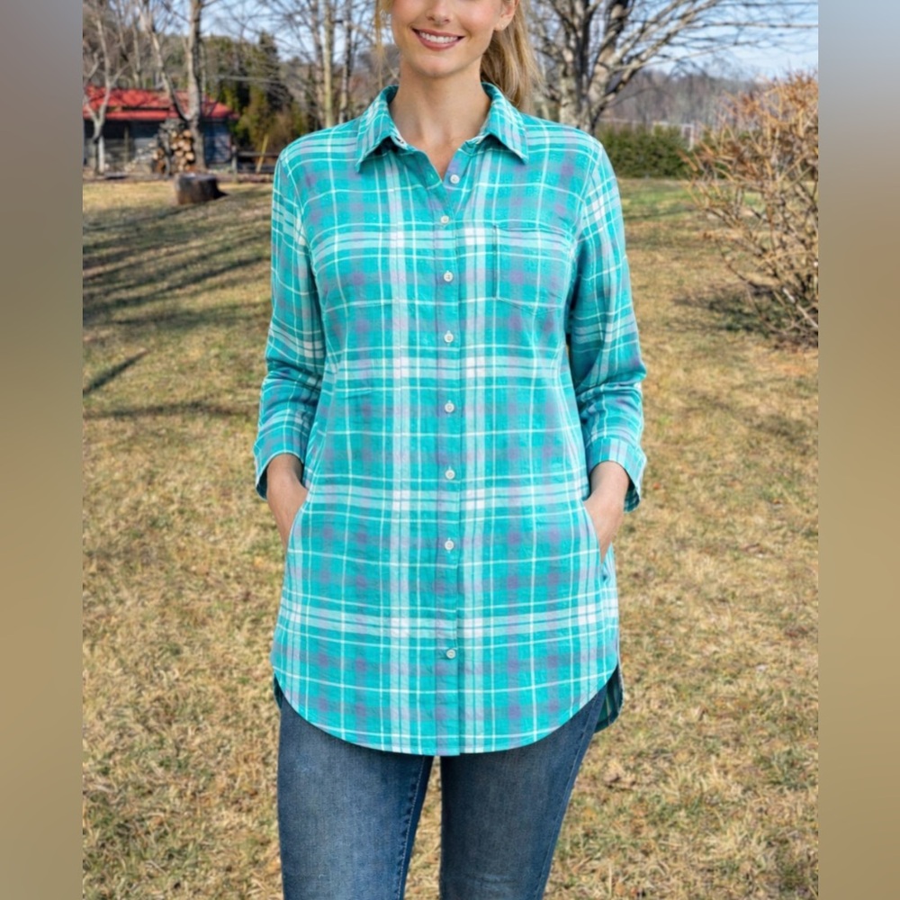 Duluth Green Purple Stone Plaid Flannel Long Tunic Pockets Pullover Size Large